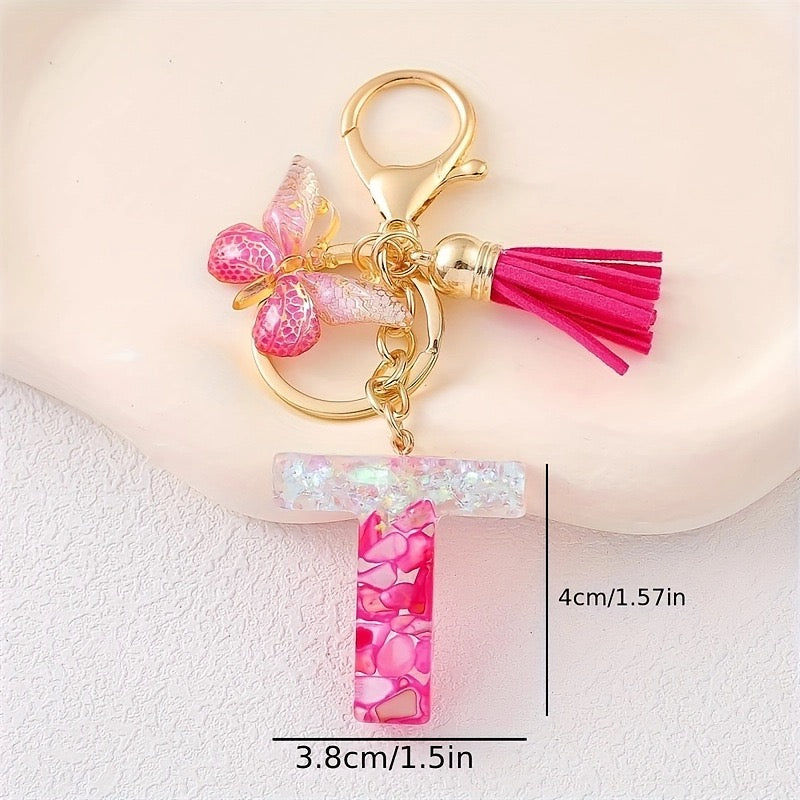 Hot Pink Glitter Resin Initial Keychain – Butterfly & Tassel Bag Charm