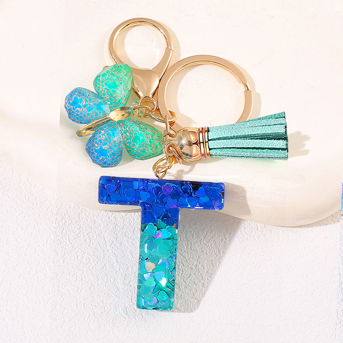 Glitter Resin Letter Keychain – Blue & Green Butterfly Charm