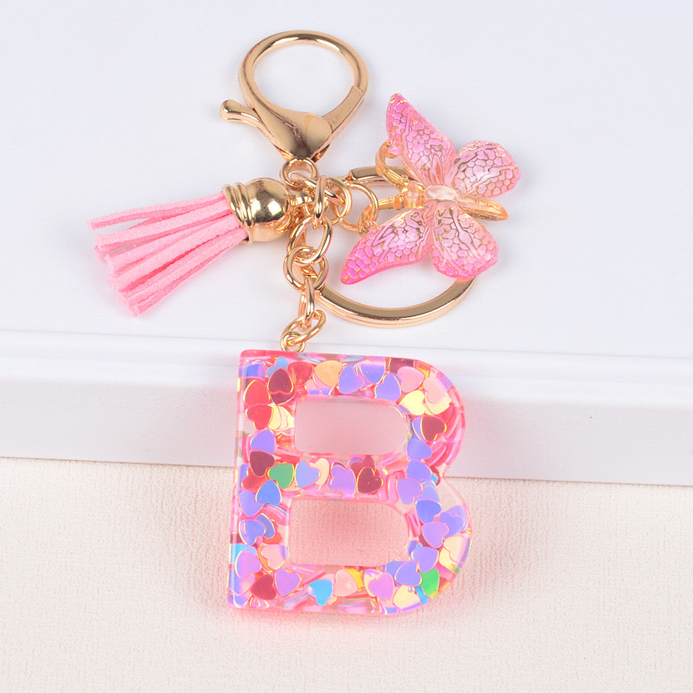 Pink Heart Glitter Resin Initial Keychain – Butterfly & Tassel Gift