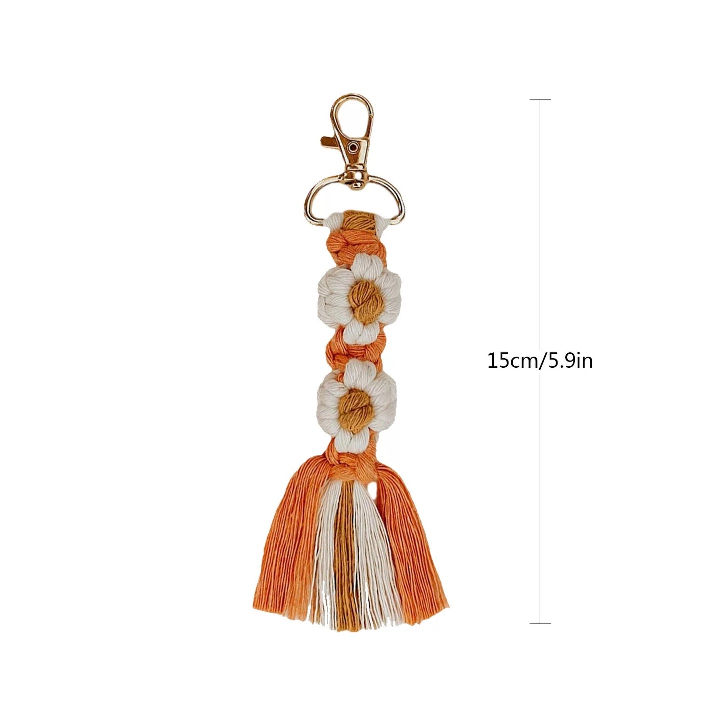 Boho Daisy Macrame Keychain – Handmade Cotton Tassel Bag Charm