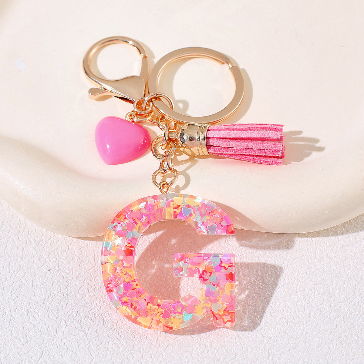 Pink Glitter Resin Initial Keychain – Heart & Tassel Charm