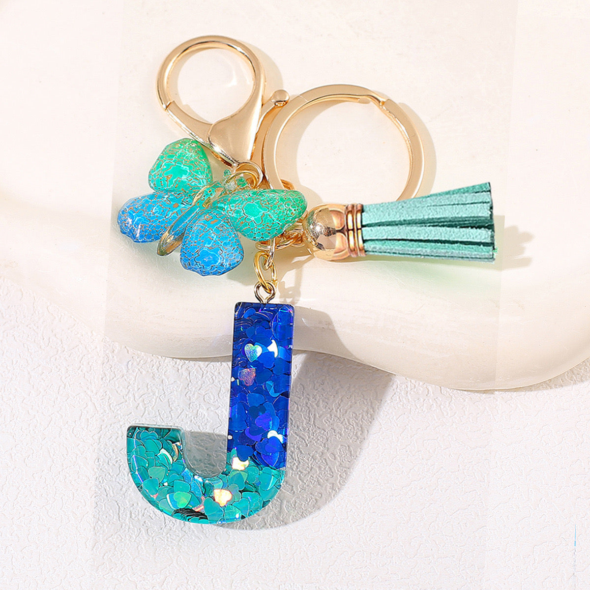 Glitter Resin Letter Keychain – Blue & Green Butterfly Charm