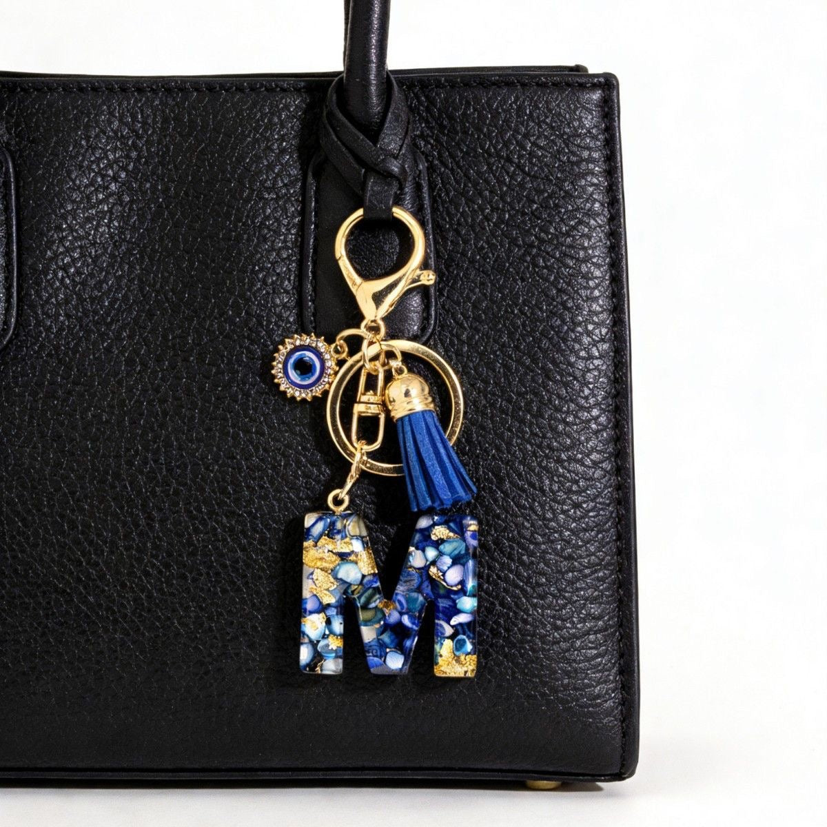 Custom Blue Evil Eye Initial Keychain – Personalized Resin Letter Bag Charm V Boutique Studio