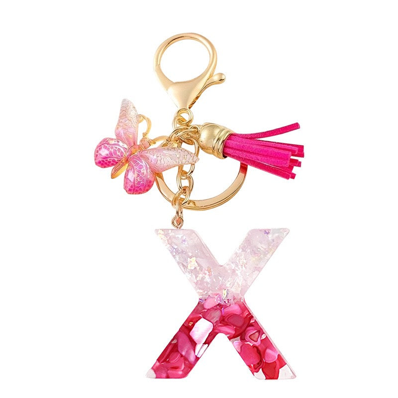 Hot Pink Glitter Resin Initial Keychain – Butterfly & Tassel Bag Charm
