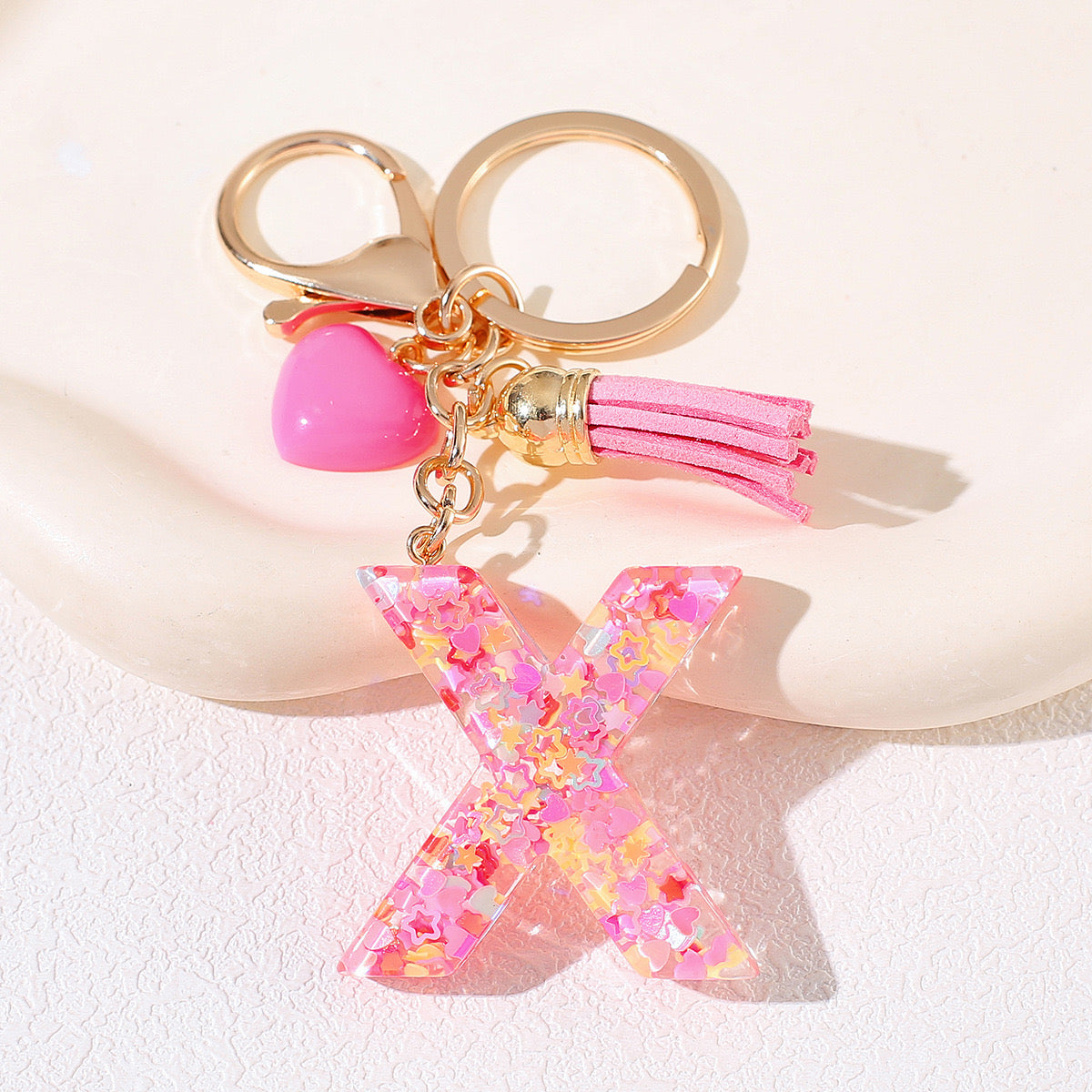 Pink Glitter Resin Initial Keychain – Heart & Tassel Charm