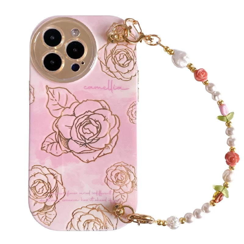 Pink Camellia iPhone Case with Beaded Strap – Elegant & Cute Gift Idea V Boutique Studio