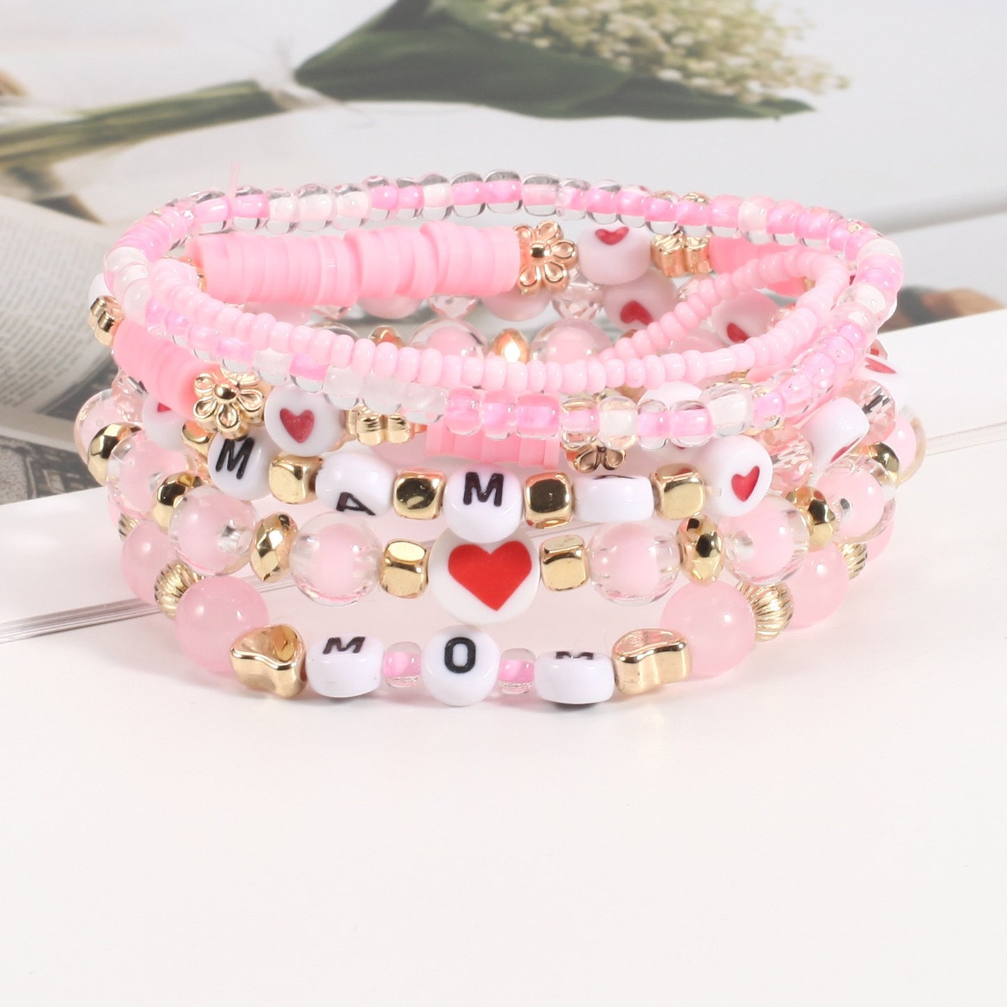 Mother’s Day Bracelet Stack – Pink & Gold Beaded Jewelry for Mom
