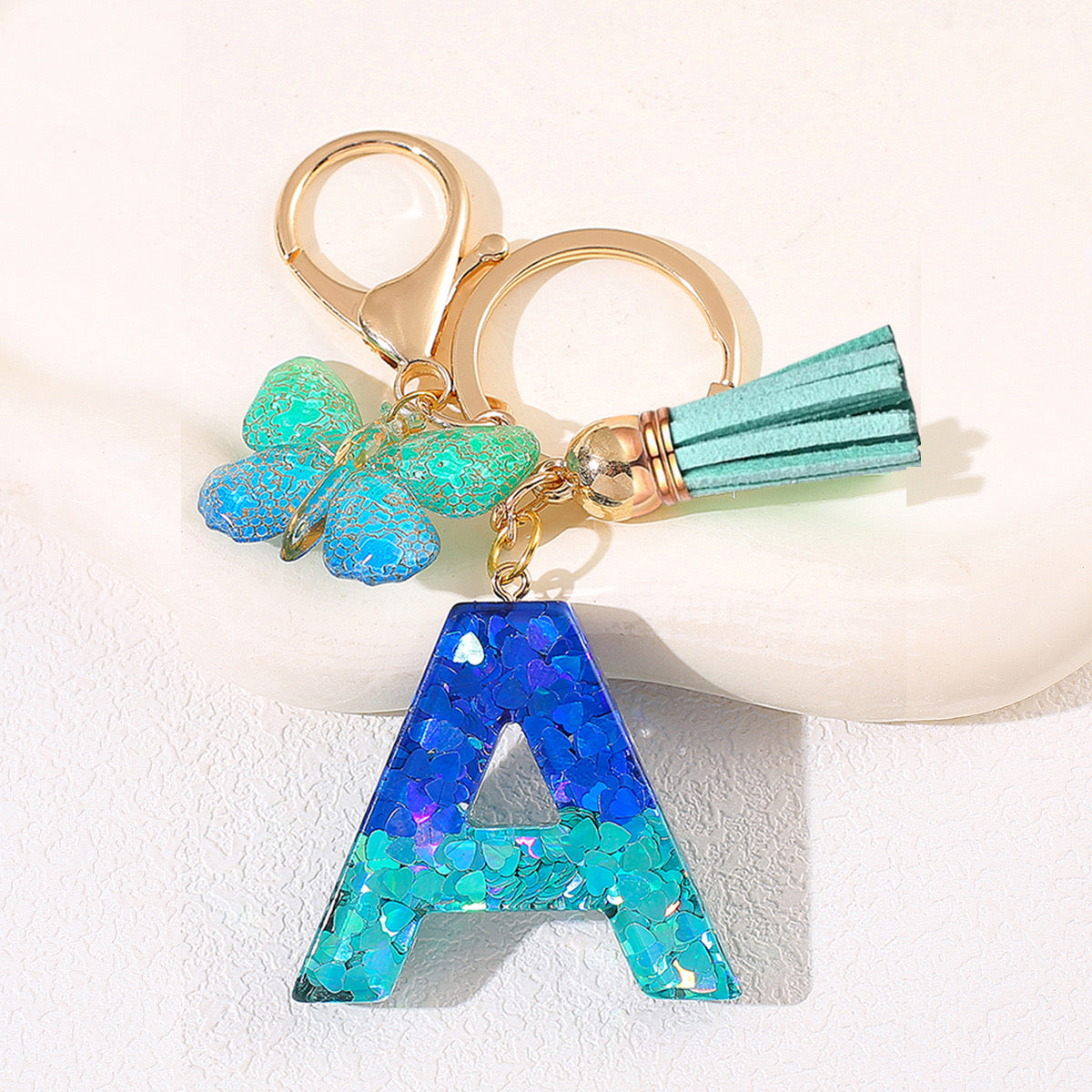 Glitter Resin Letter Keychain – Blue & Green Butterfly Charm