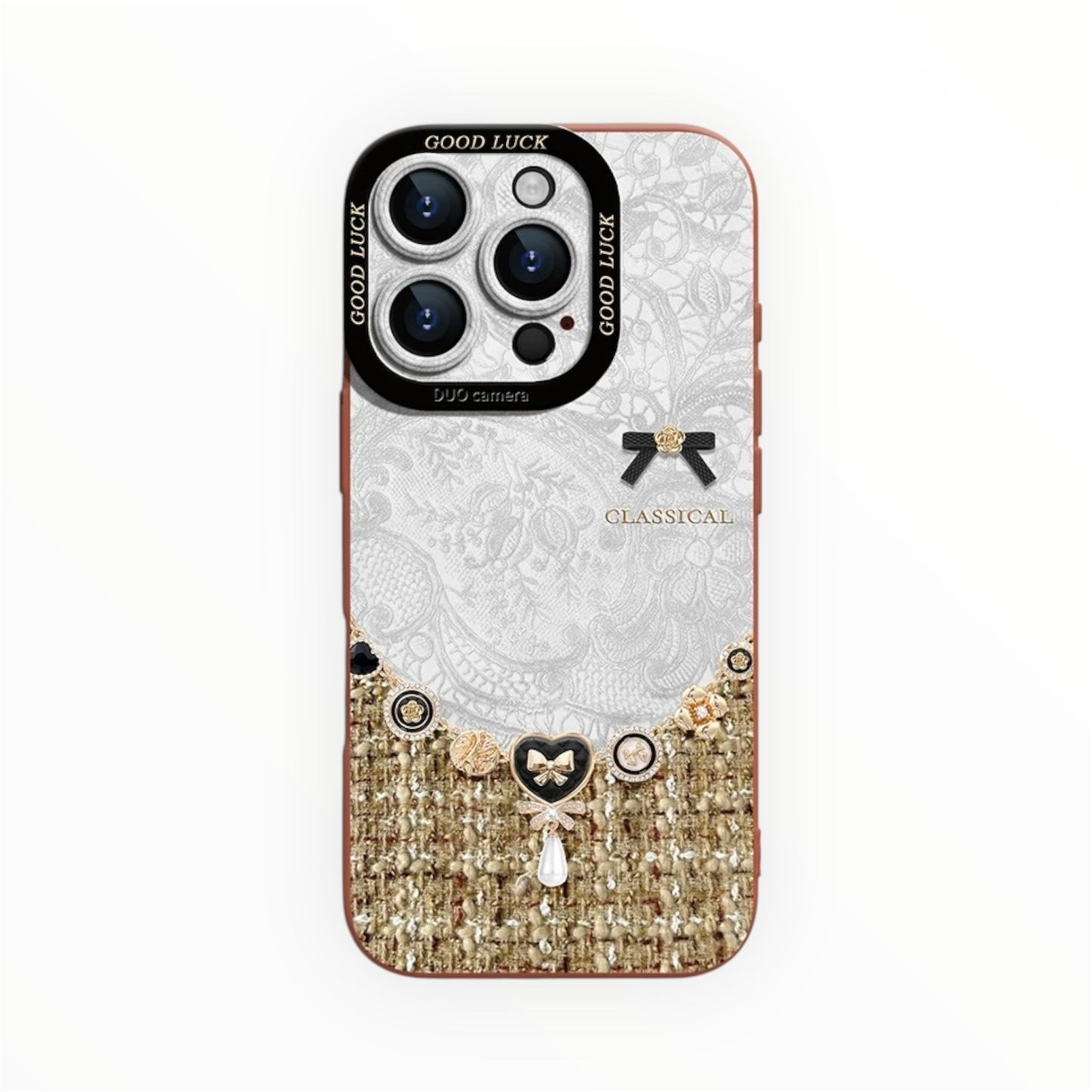 Elegant Lace Pearl Tweed Phone Case – Vintage French Style