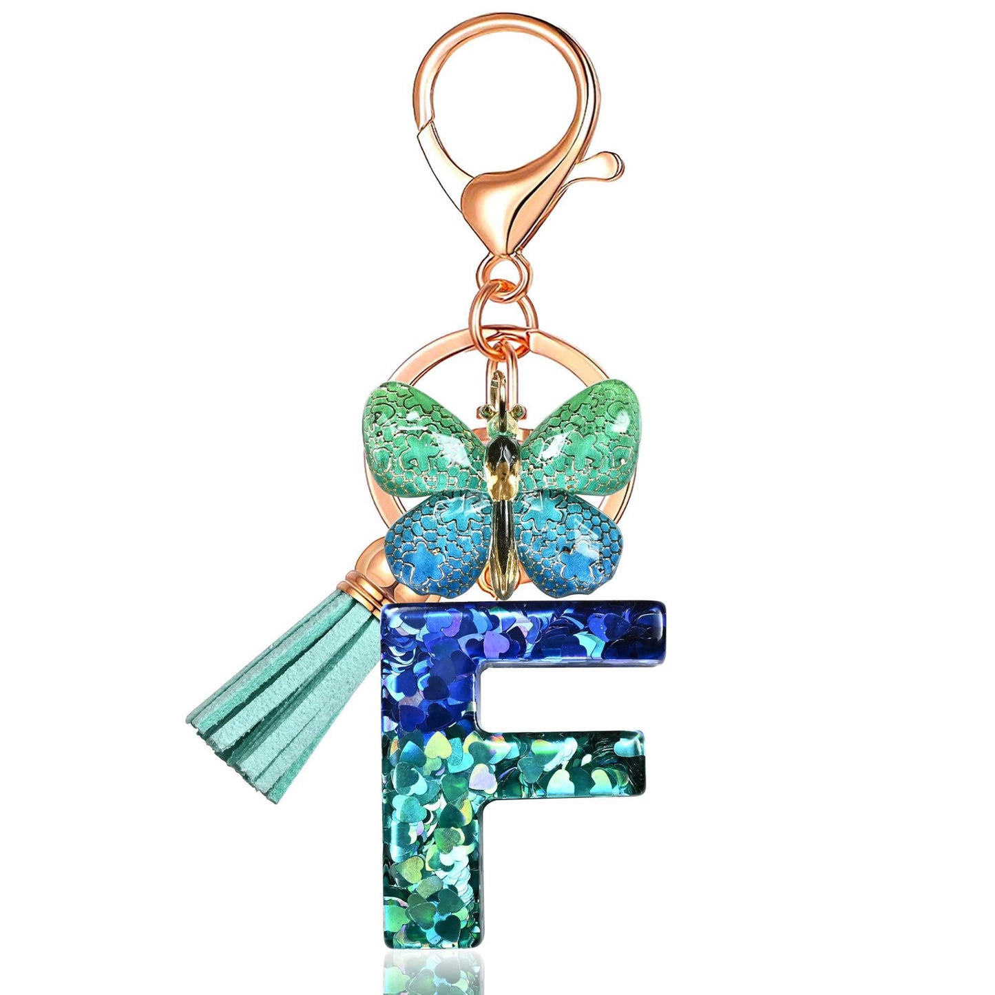 Blue-Green Resin Initial Keychain – Butterfly & Tassel Charm Gift