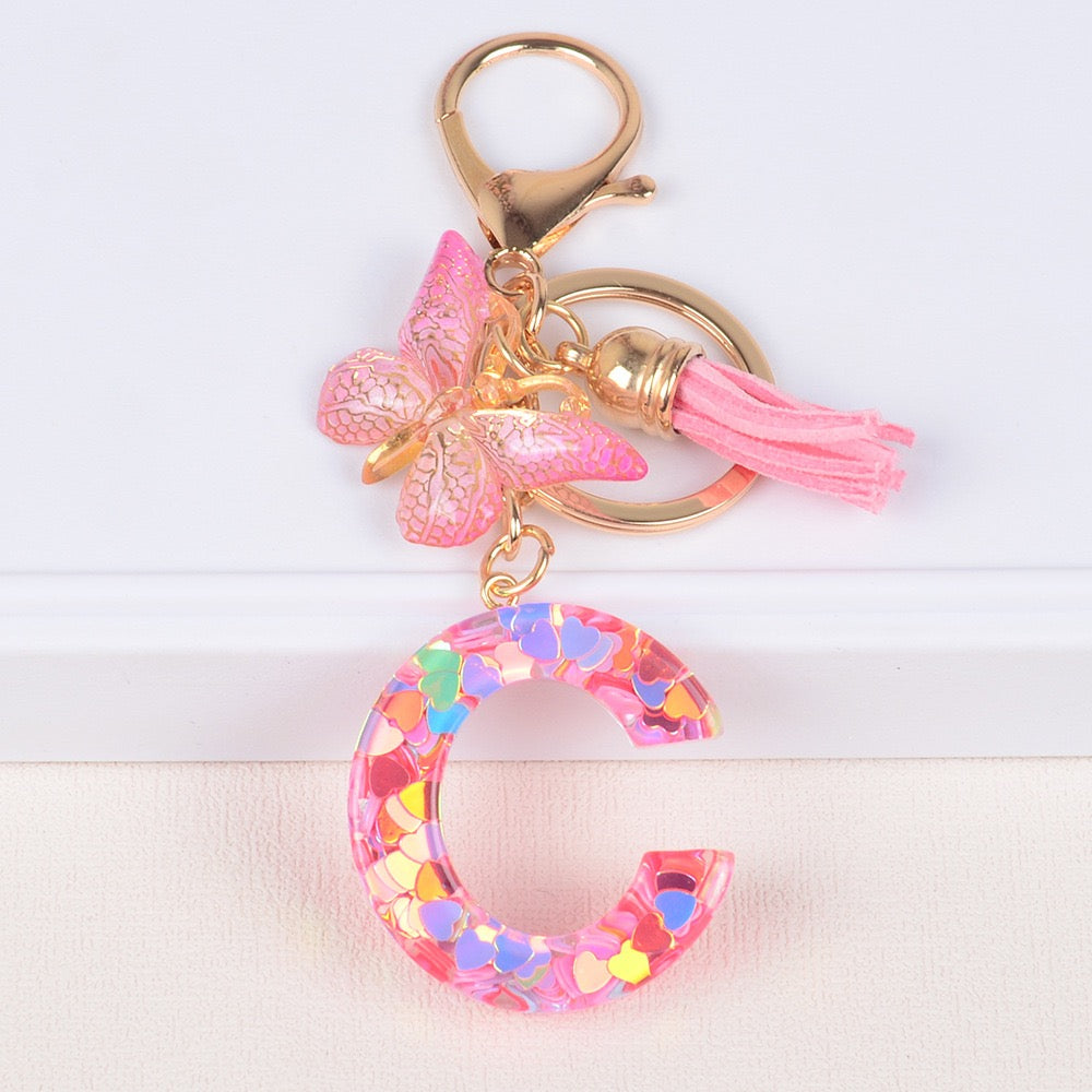 Pink Heart Glitter Resin Initial Keychain – Butterfly & Tassel Gift