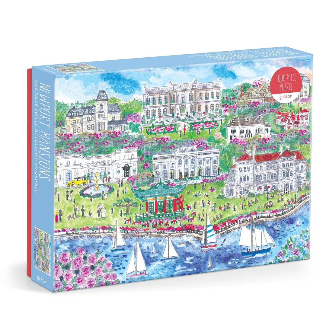 Newport Mansions 1000-piece puzzle by Galison illustrated by Michael Storrings, featuring historic mansions, blooming gardens, sailboats, and coastal scenery.