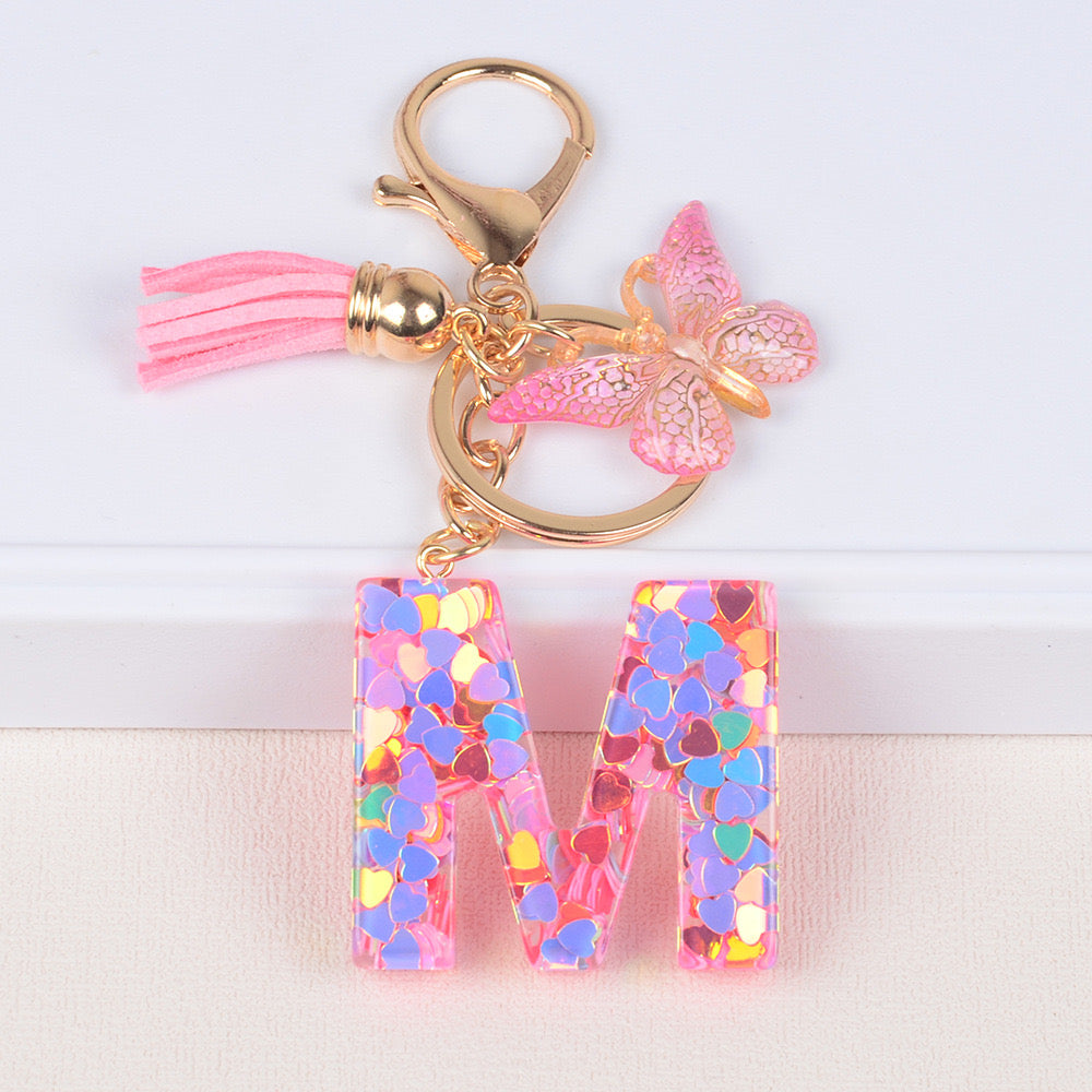 Pink Heart Glitter Resin Initial Keychain – Butterfly & Tassel Gift