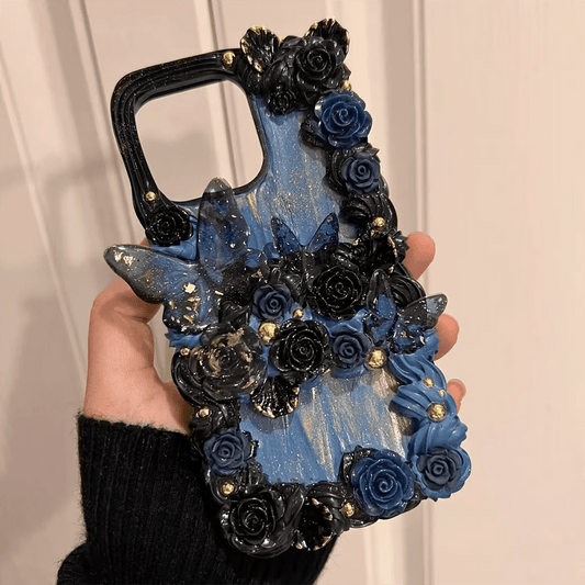 Handmade Luxury Cream Glue Sea Blue Butterfly Rose Phone Case V Boutique Studio