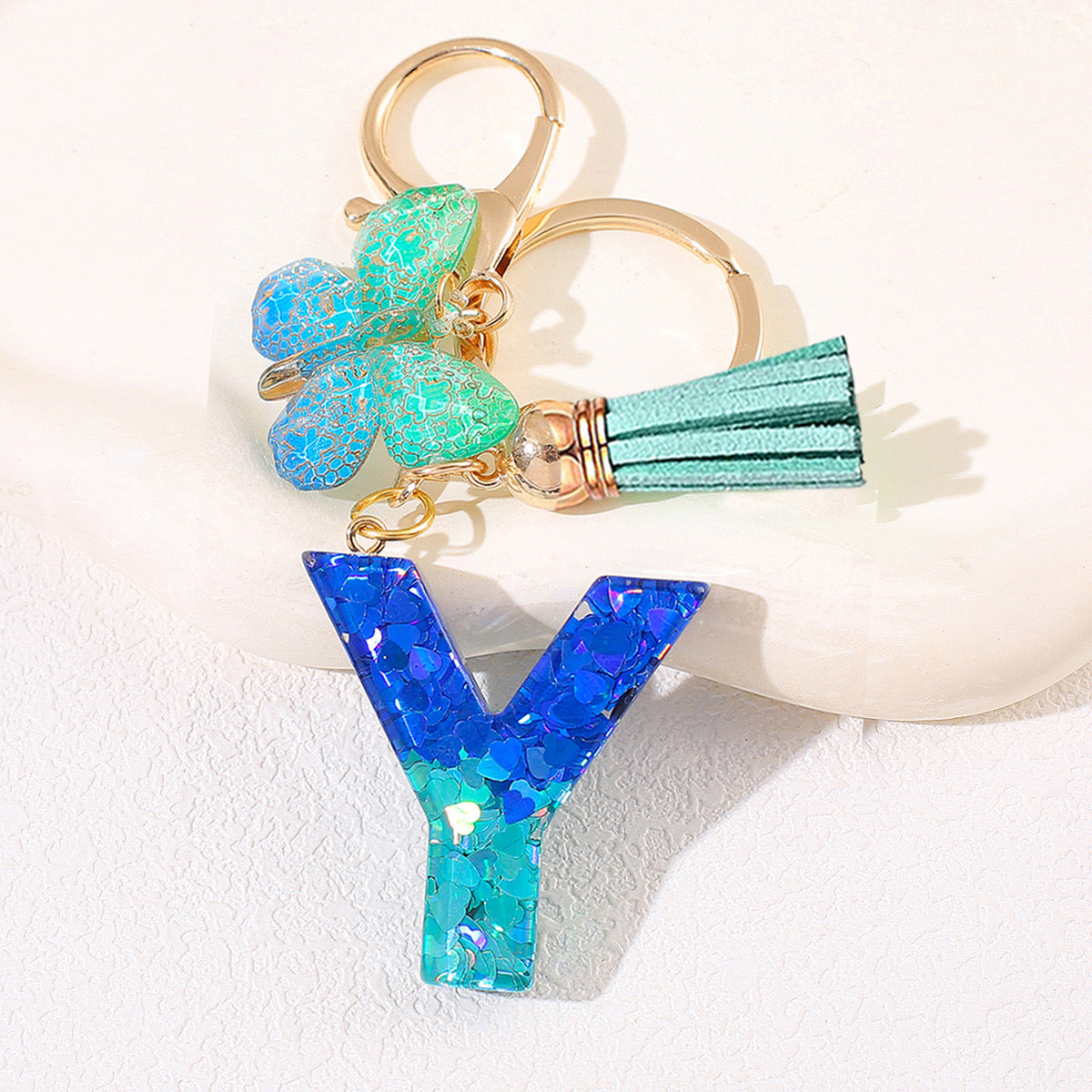 Glitter Resin Letter Keychain – Blue & Green Butterfly Charm V Boutique Studio
