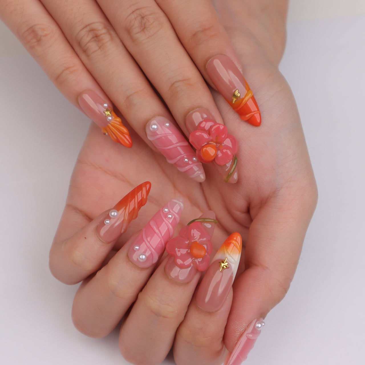 Tropical Coral Floral Press-On Nails