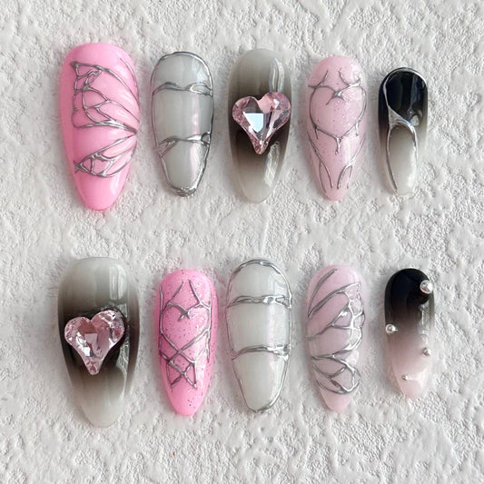 Pink and Black Ombre Press-on Nails with Heart Rhinestones V Boutique Studio