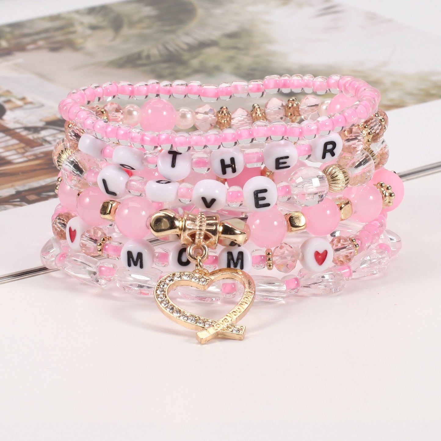 Mother’s Day Bracelet Stack – Pink & Gold Beaded Jewelry for Mom