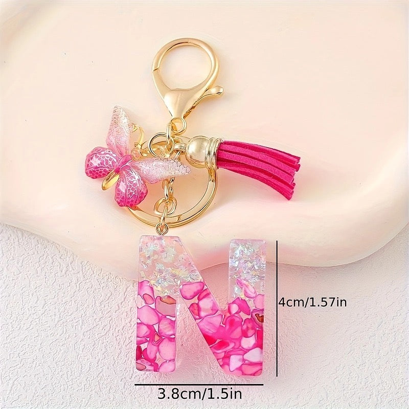 Hot Pink Glitter Resin Initial Keychain – Butterfly & Tassel Bag Charm