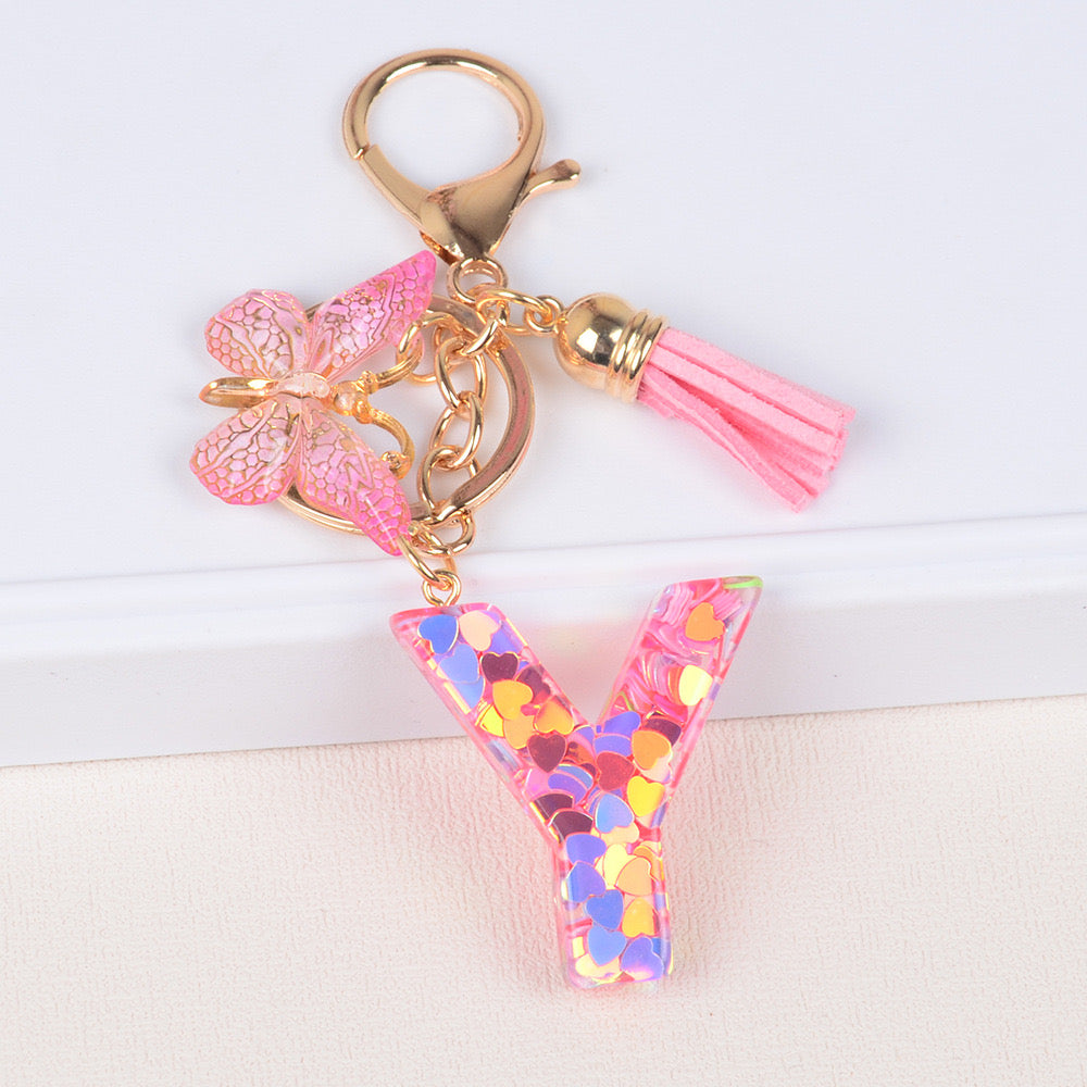 Pink Heart Glitter Resin Initial Keychain – Butterfly & Tassel Gift