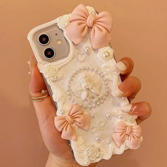 Handmade Pink Baroque Angel Phone Case with Pearl and Bow Accents V Boutique Studio