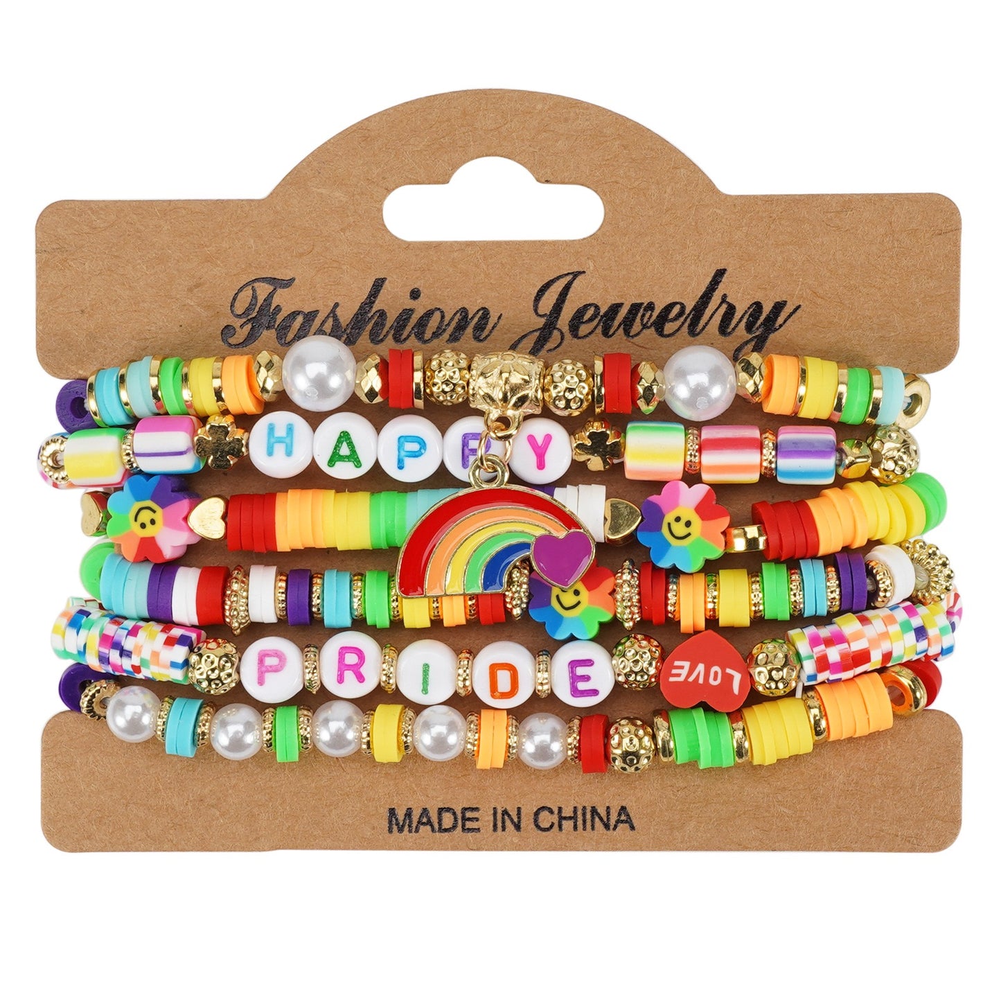 Colorful Pride beaded bracelet stack with rainbow colors and letter charms like PRIDE and LOVE