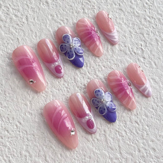 Dreamy Purple & Pink Ombre 3D Floral Press-On Nail Set - Elegant and Romantic Design