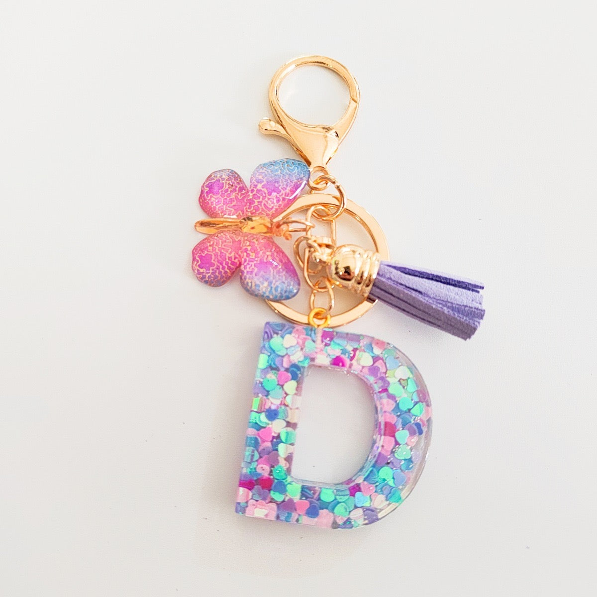 Glitter Resin Letter Keychain – Purple Tassel & Butterfly Charm