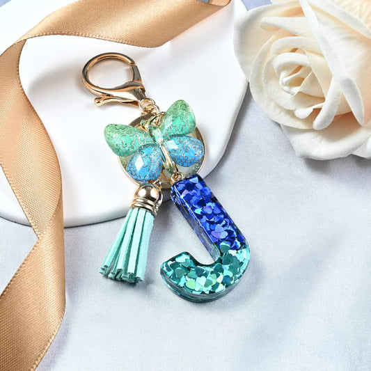 Blue-Green Resin Initial Keychain – Butterfly & Tassel Charm Gift