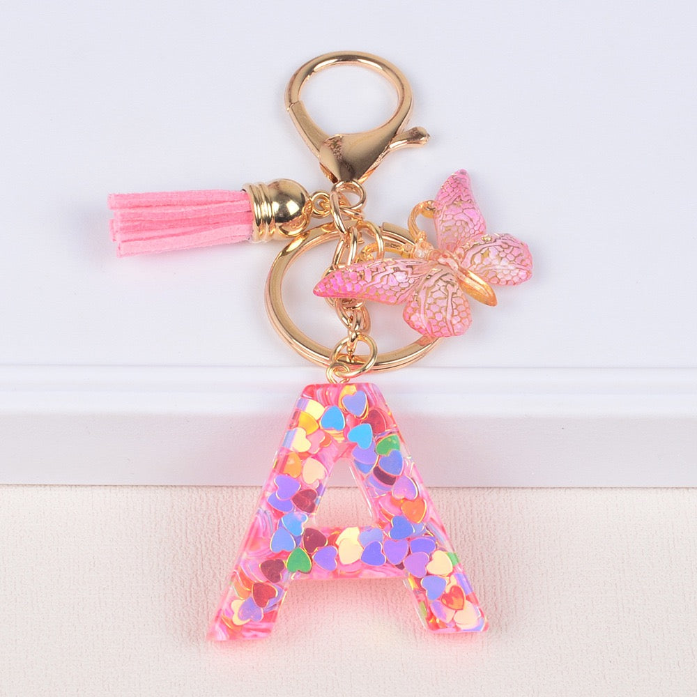 Pink Heart Glitter Resin Initial Keychain – Butterfly & Tassel Gift