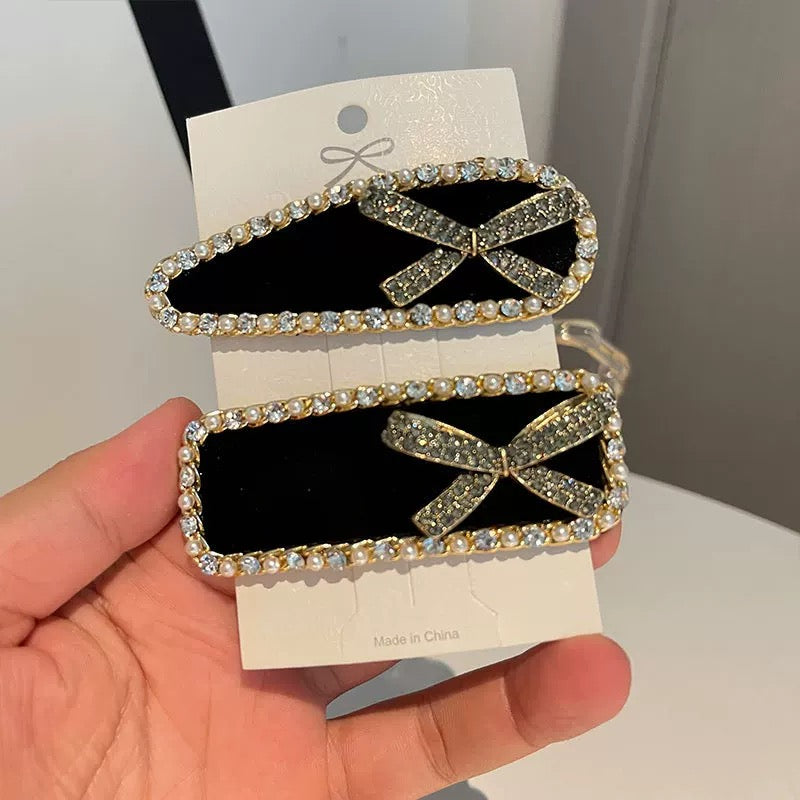 Elegant Velvet Bow Rhinestone Hair Clips