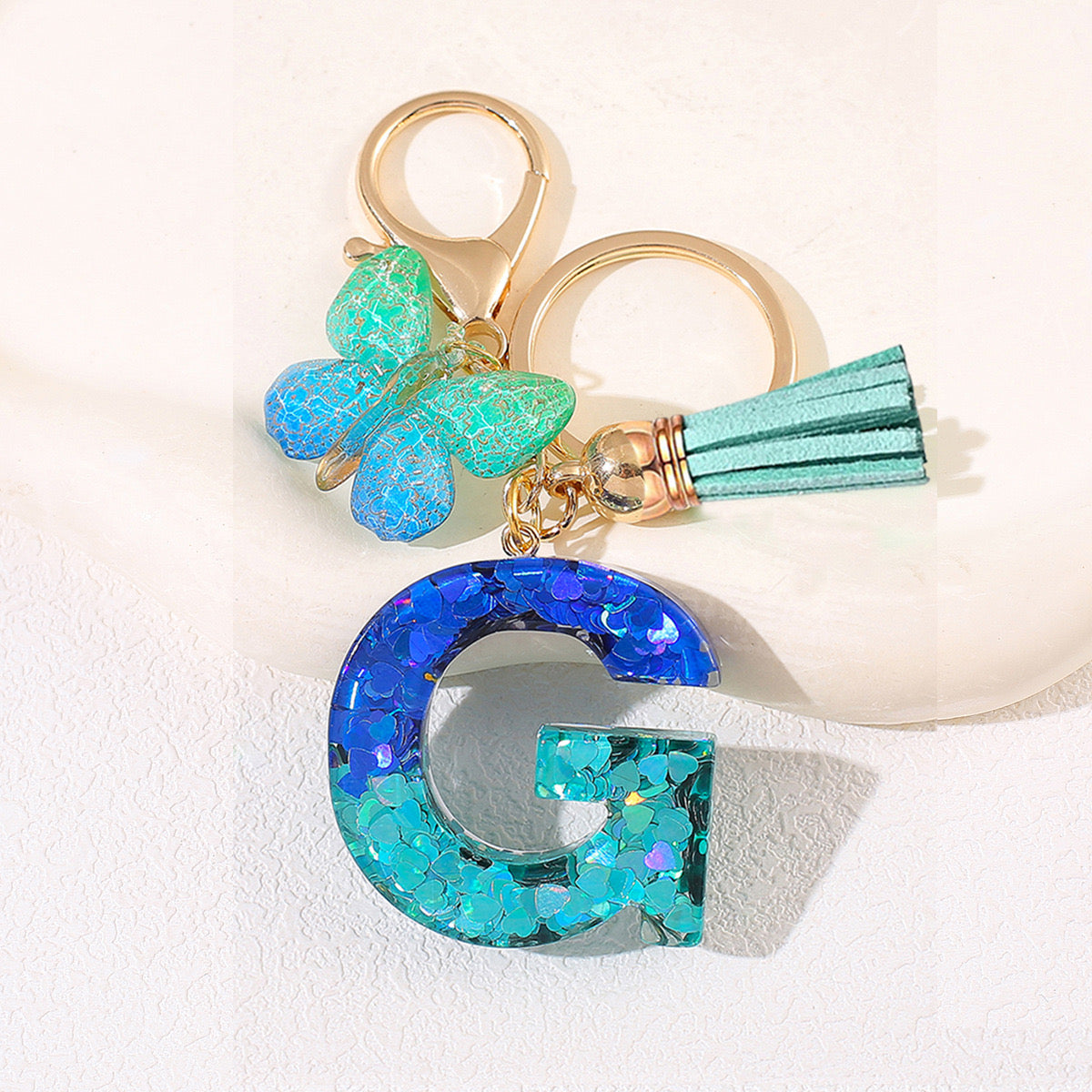 Glitter Resin Letter Keychain – Blue & Green Butterfly Charm