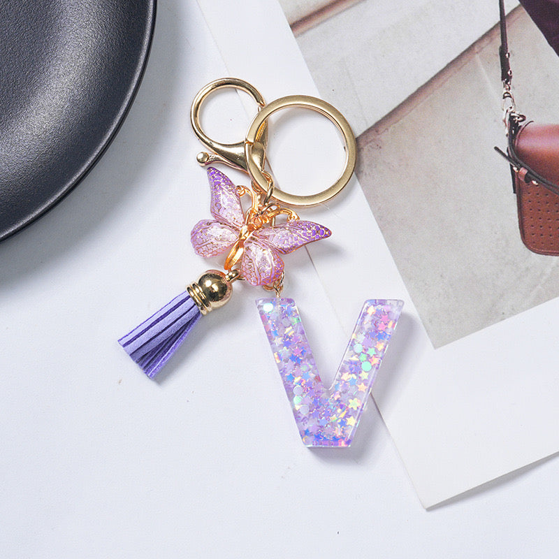 Purple Glitter Resin Initial Keychain – Butterfly & Tassel Charm Gift