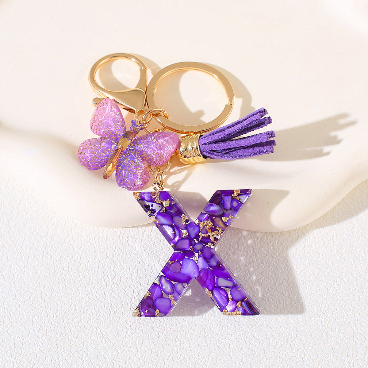 Glitter Letter Keychain – Purple Resin with Butterfly & Tassel