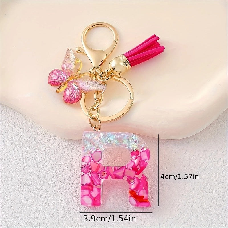 Hot Pink Glitter Resin Initial Keychain – Butterfly & Tassel Bag Charm