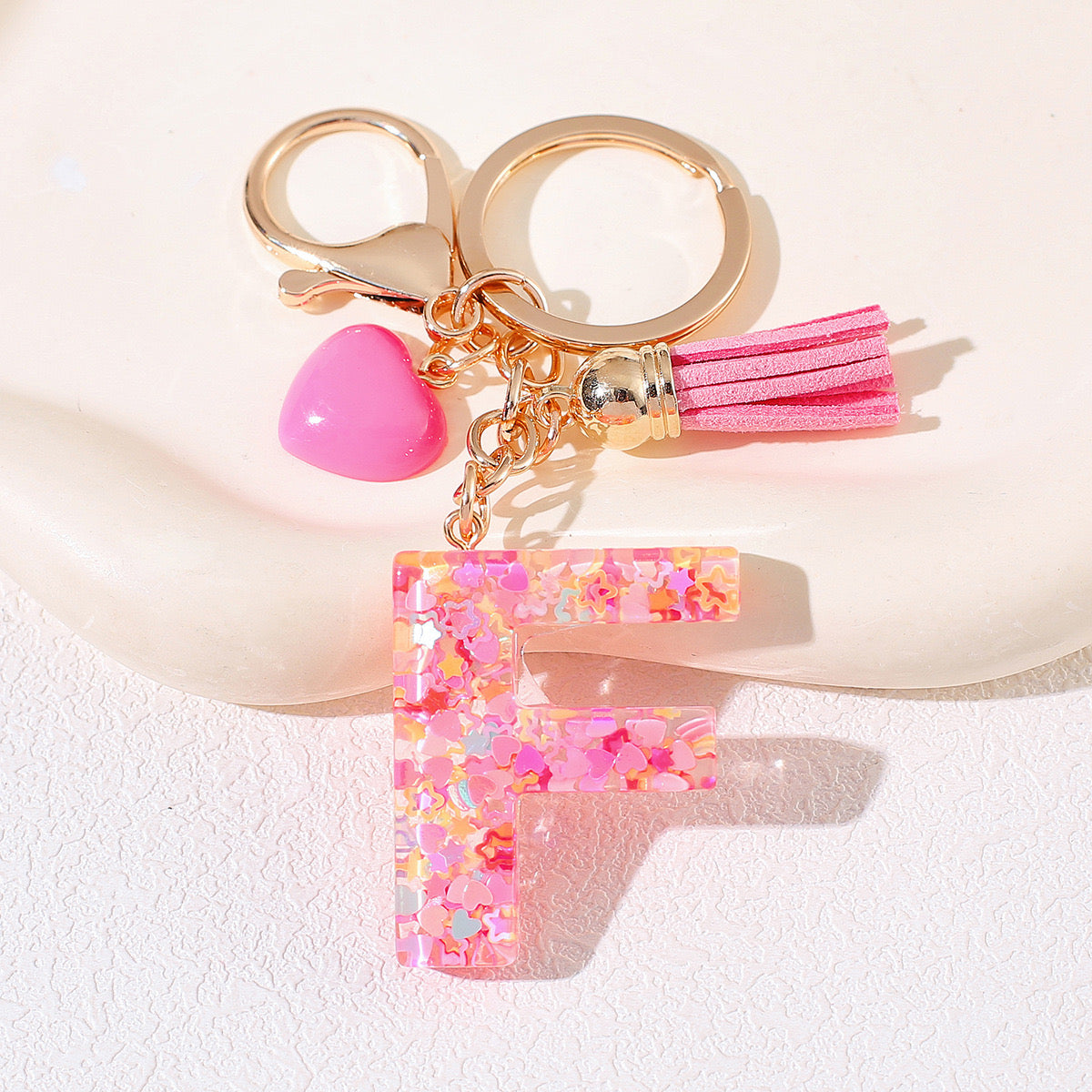 Pink Glitter Resin Initial Keychain – Heart & Tassel Charm
