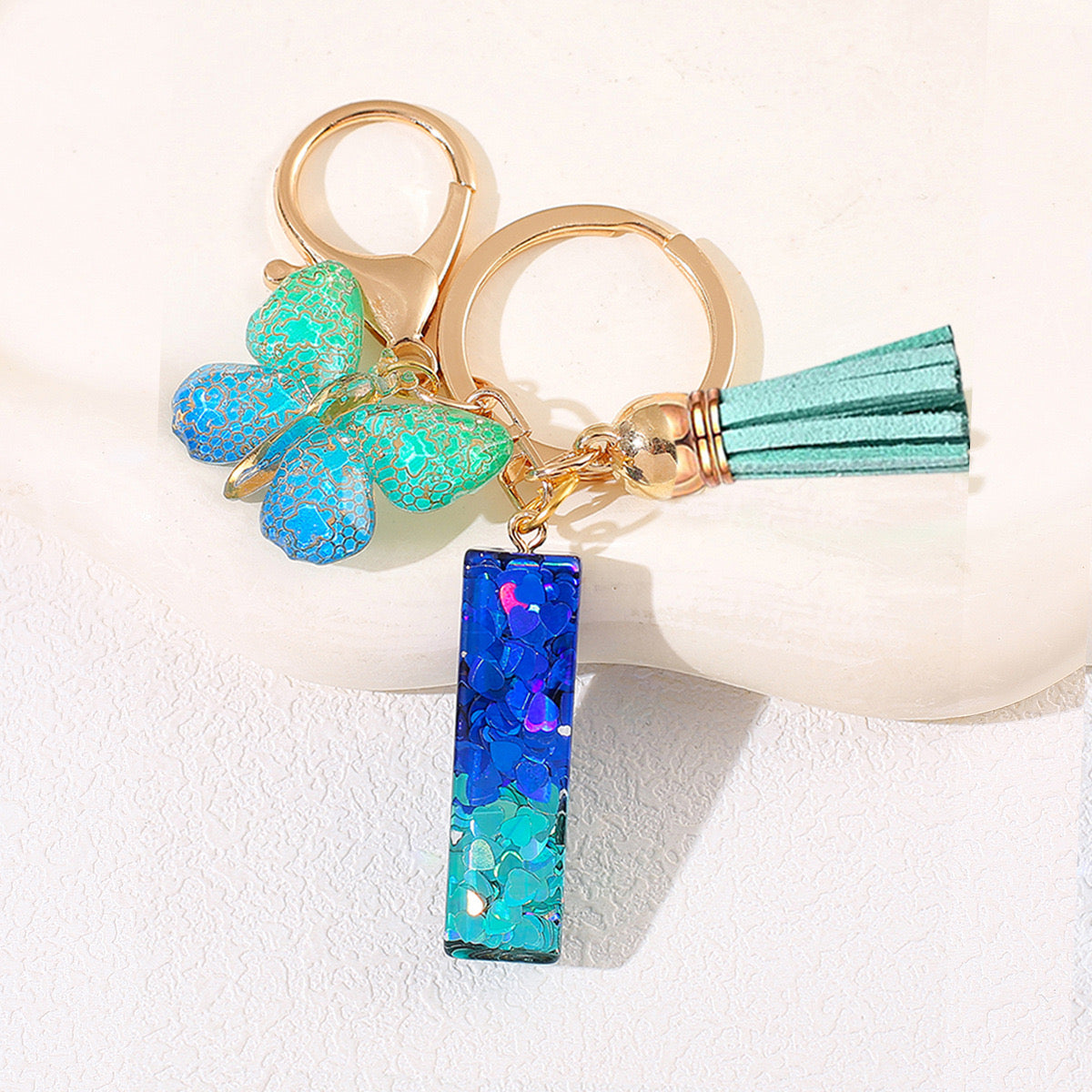 Glitter Resin Letter Keychain – Blue & Green Butterfly Charm