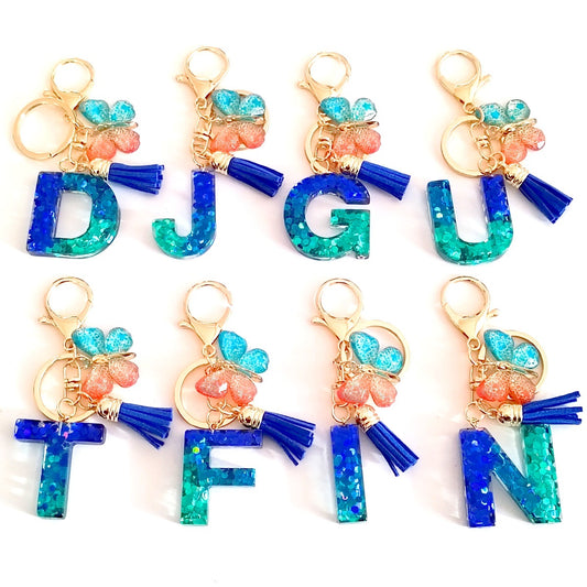 Personalized Resin Initial Keychain – Butterfly Charm, Tassel, Cute Gift Idea