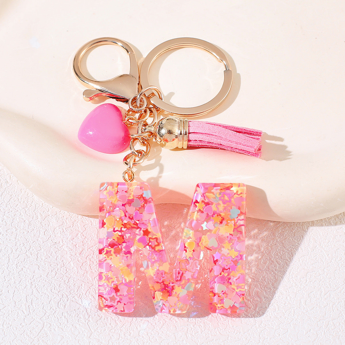 Pink Glitter Resin Initial Keychain – Heart & Tassel Charm