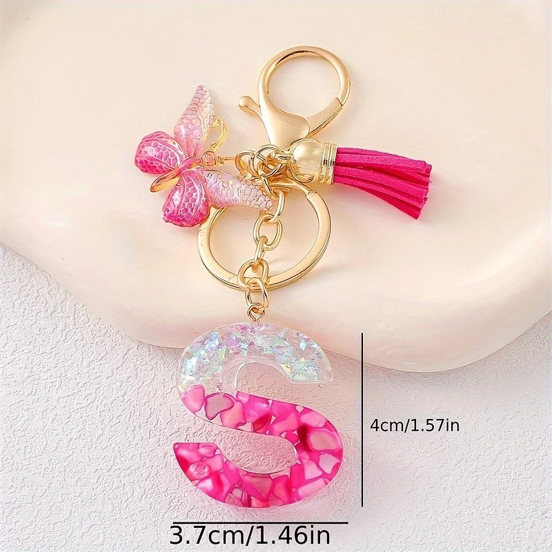 Hot Pink Glitter Resin Initial Keychain – Butterfly & Tassel Bag Charm