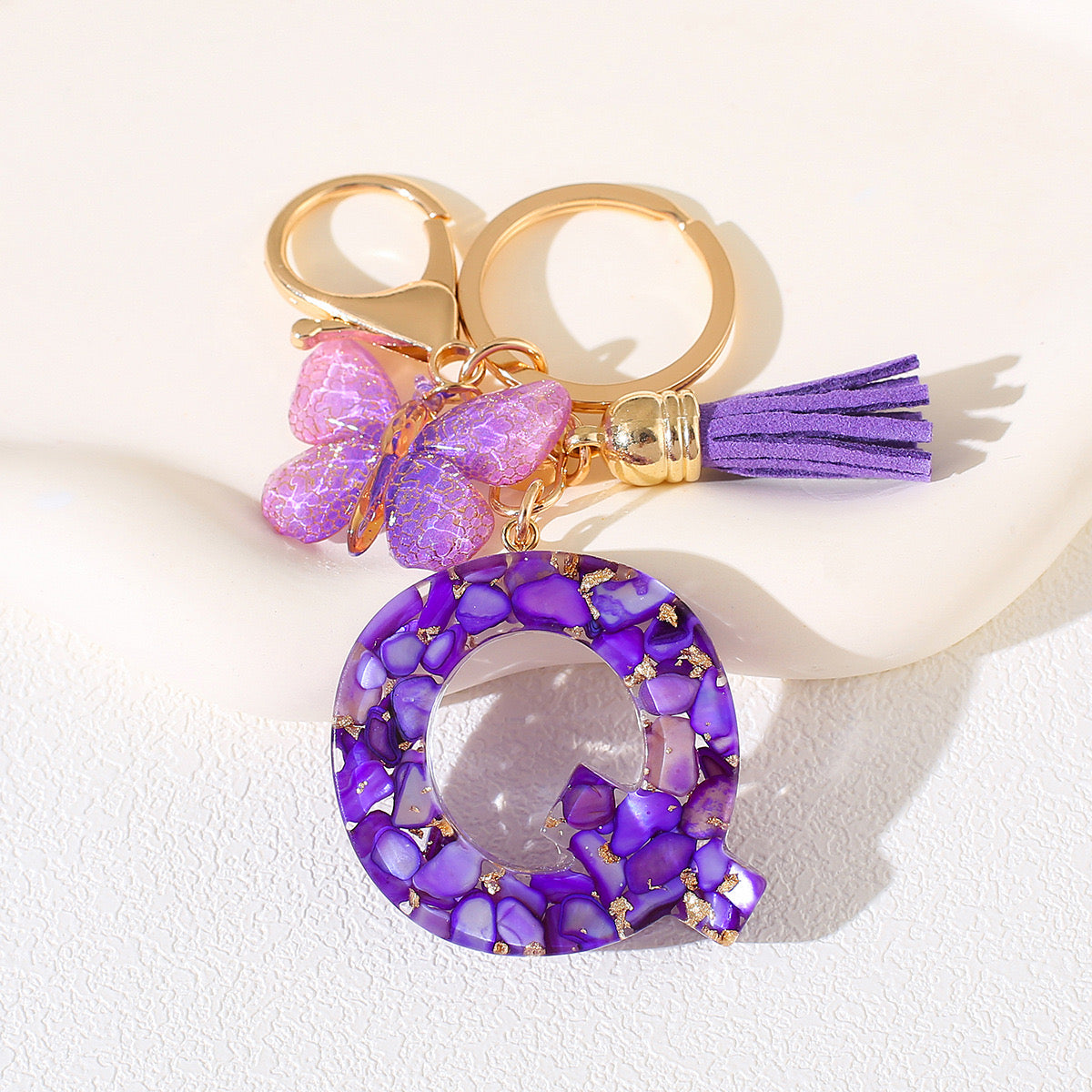 Glitter Letter Keychain – Purple Resin with Butterfly & Tassel