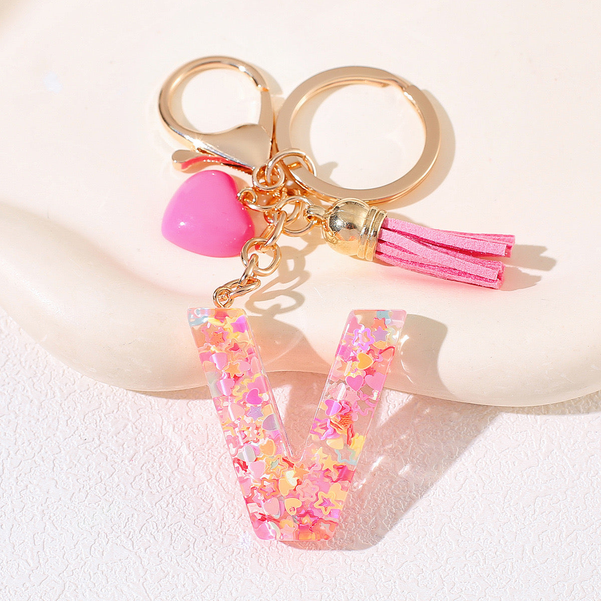 Pink Glitter Resin Initial Keychain – Heart & Tassel Charm