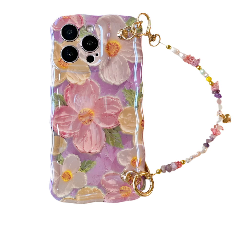 Purple Floral iPhone Case with Beaded Strap – 3D Design & Aesthetic Gift