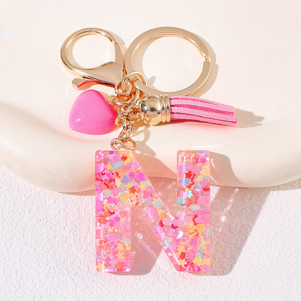 Pink Glitter Resin Initial Keychain – Heart & Tassel Charm