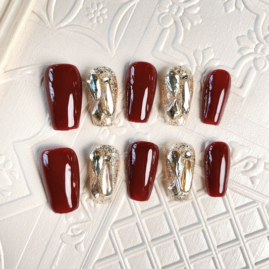 Deep Crimson Sparkle Press-on Nails V Boutique Studio