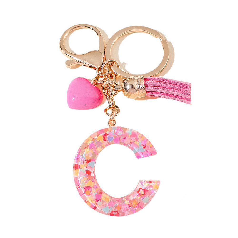 Pink Glitter Resin Initial Keychain – Heart & Tassel Charm