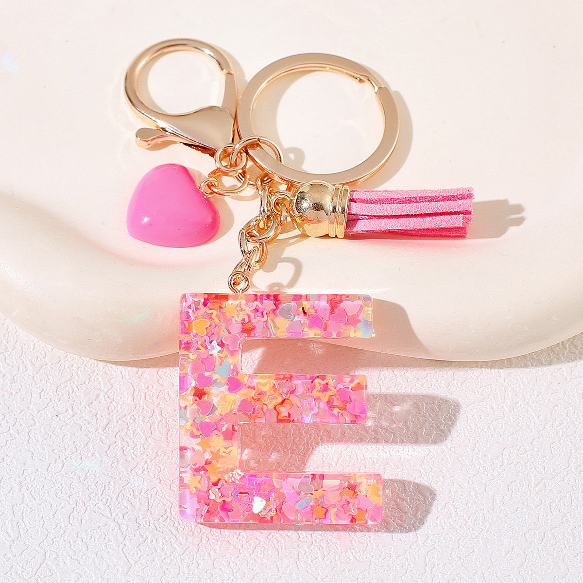 Pink Glitter Resin Initial Keychain – Heart & Tassel Charm