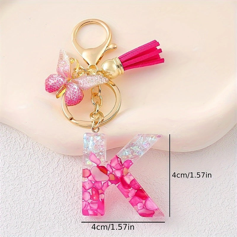 Hot Pink Glitter Resin Initial Keychain – Butterfly & Tassel Bag Charm