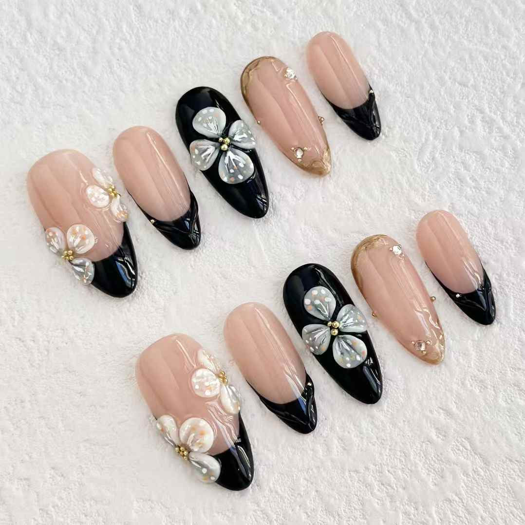 Black & Nude 3D Floral Press-On Nails