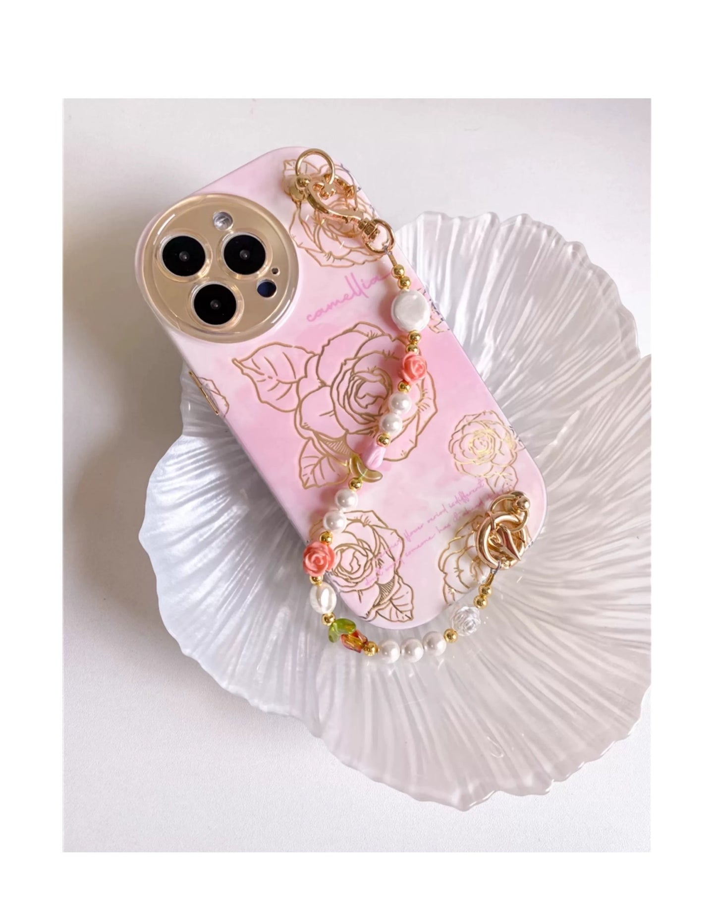 Pink Camellia iPhone Case with Beaded Strap – Elegant & Cute Gift Idea